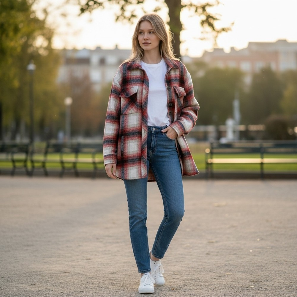 Urban Daizy Red Plaid Shacket Flannel Button Down Jacket TS033J Small